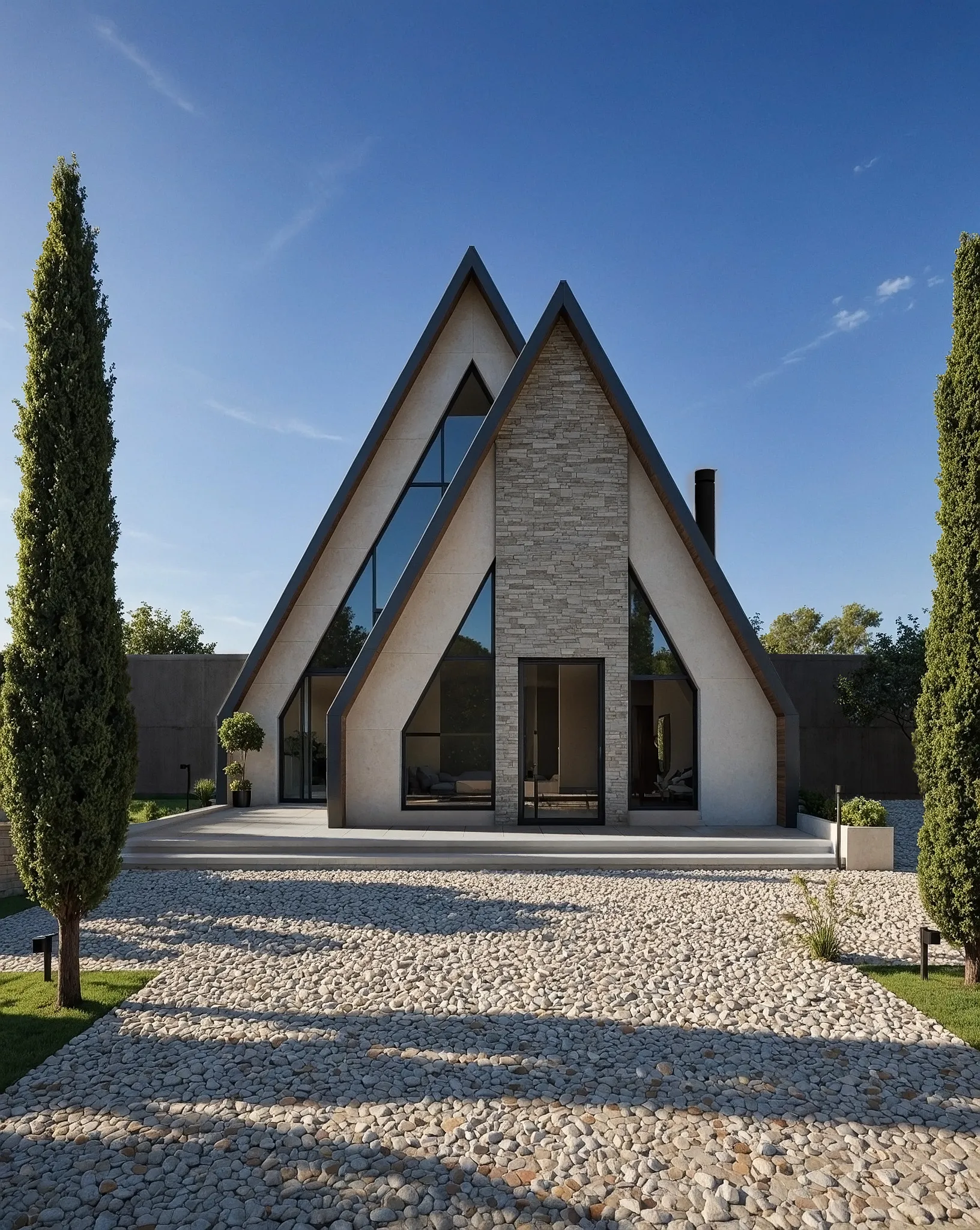 نمای روبه‌روی ویلای سپیدار با فرم A-Frame